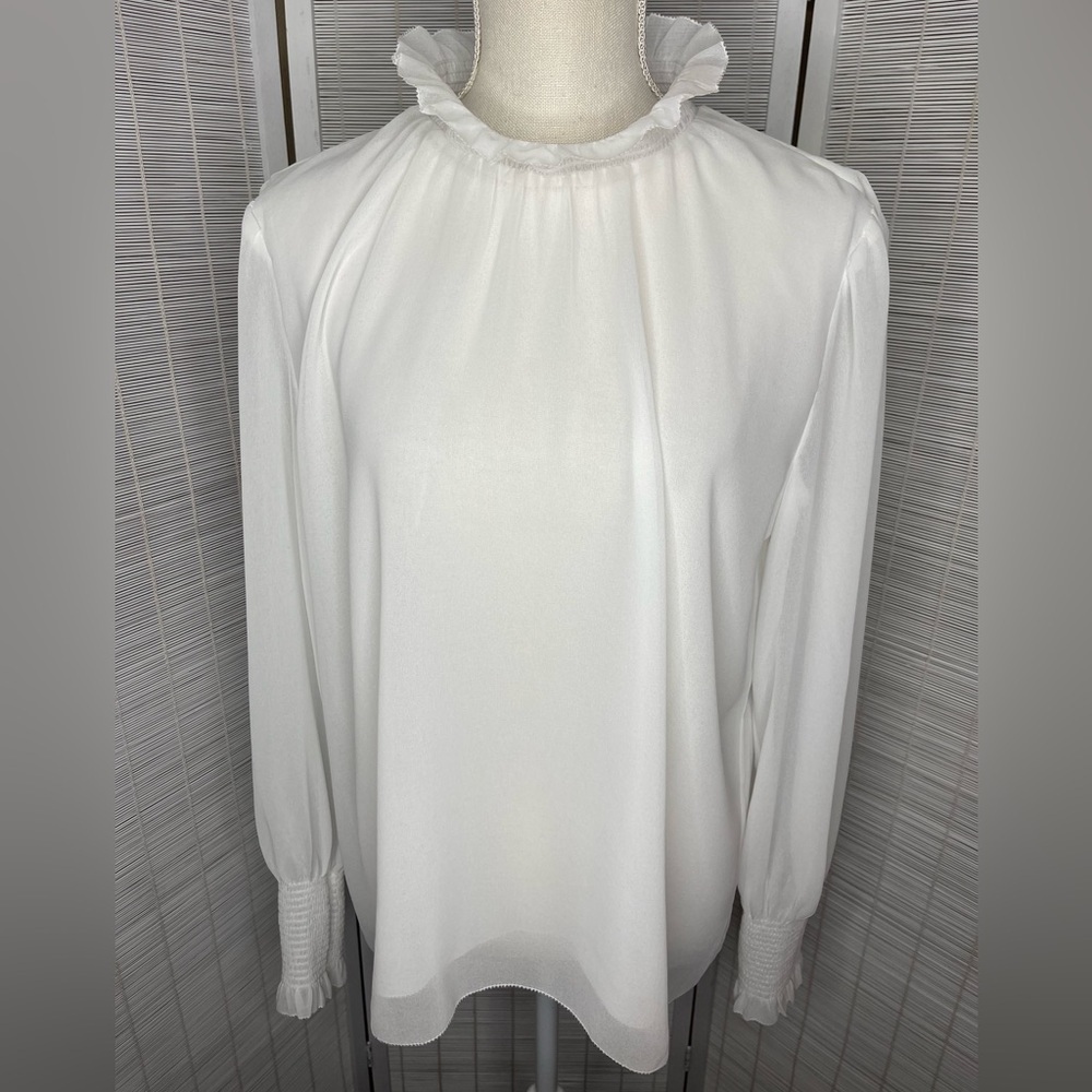 Wilfred Blouse Valencia White Ruffle Neck Smocked Cuffs Keyhole Back Size S